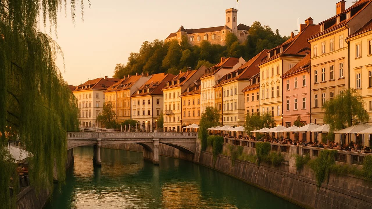黄金时刻的卢布尔雅那老城，碧绿的 Ljubljanica 河蜿蜒流过粉彩色立面和三桥，山丘上的城堡俯瞰着屋顶。