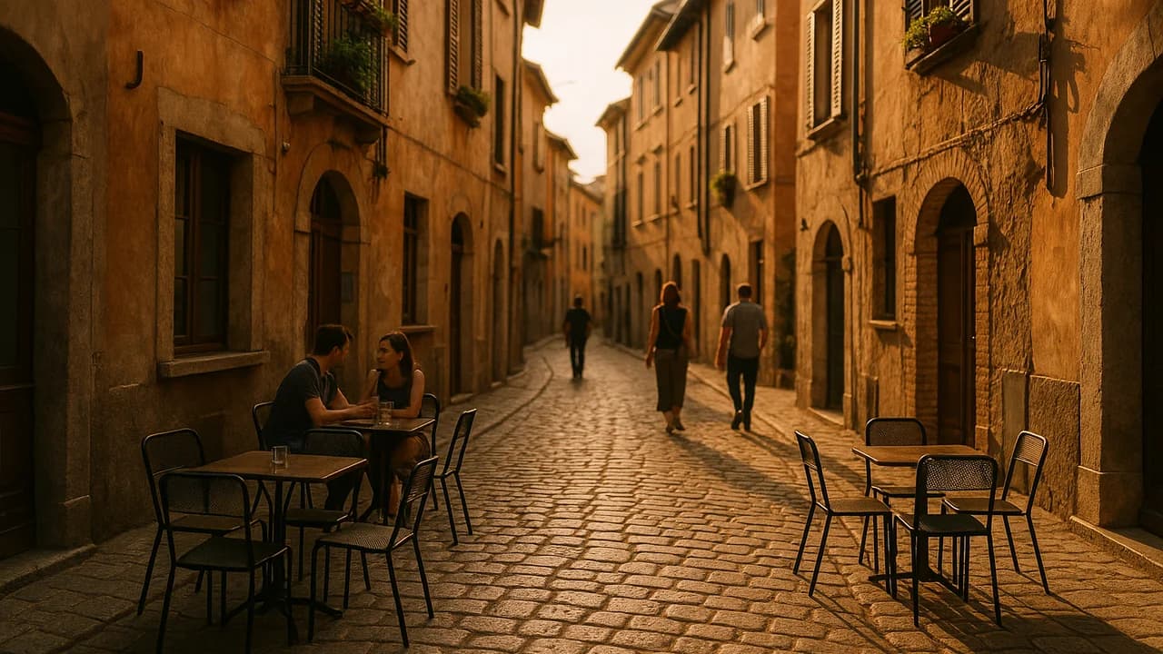 Una callejuela empedrada y tranquila de un pequeño pueblo europeo a la hora dorada, con algunas personas y mesas de cafetería bajo la cálida luz del atardecer