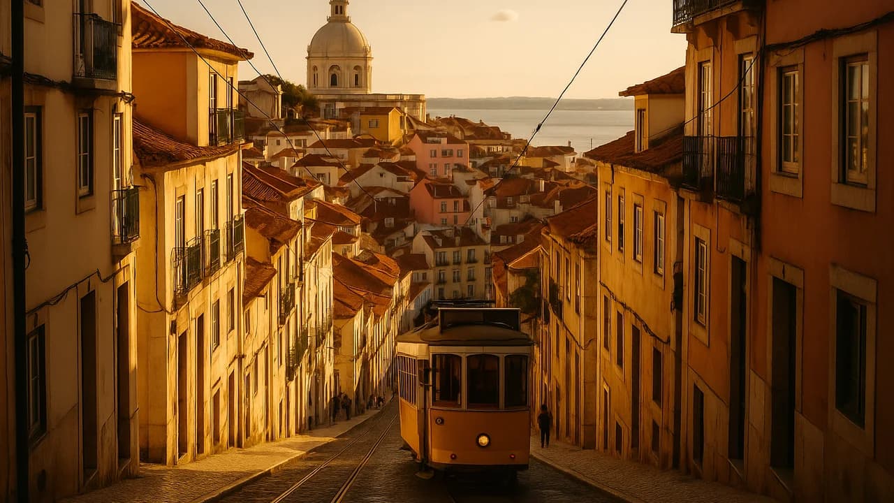 Luce dorata del tardo pomeriggio sui tetti color terracotta di Alfama a Lisbona, con un tram giallo che sale una ripida via acciottolata e il fiume Tago sullo sfondo