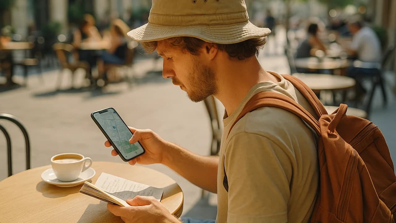 Una viajera en la mesa de una cafetería soleada sosteniendo un teléfono con un mapa abierto, contrastándolo con notas de viaje escritas a mano