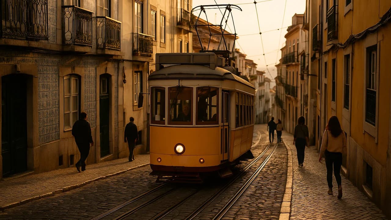 Un tram jaune ancien grimpant une rue pavée de Lisbonne entre des immeubles couverts d'azulejos dans la lumière chaude du soir, avec quelques piétons dans la rue