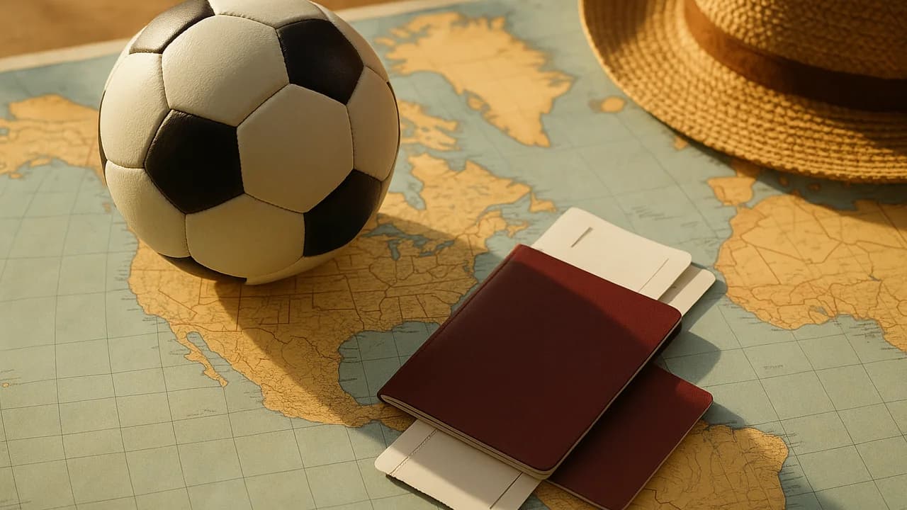 Un semplice pallone da calcio su una mappa di carta del Nord America accanto a un passaporto, una carta d'imbarco piegata e un cappello da sole, disposti come una scena di pianificazione di viaggio illuminata da una calda luce