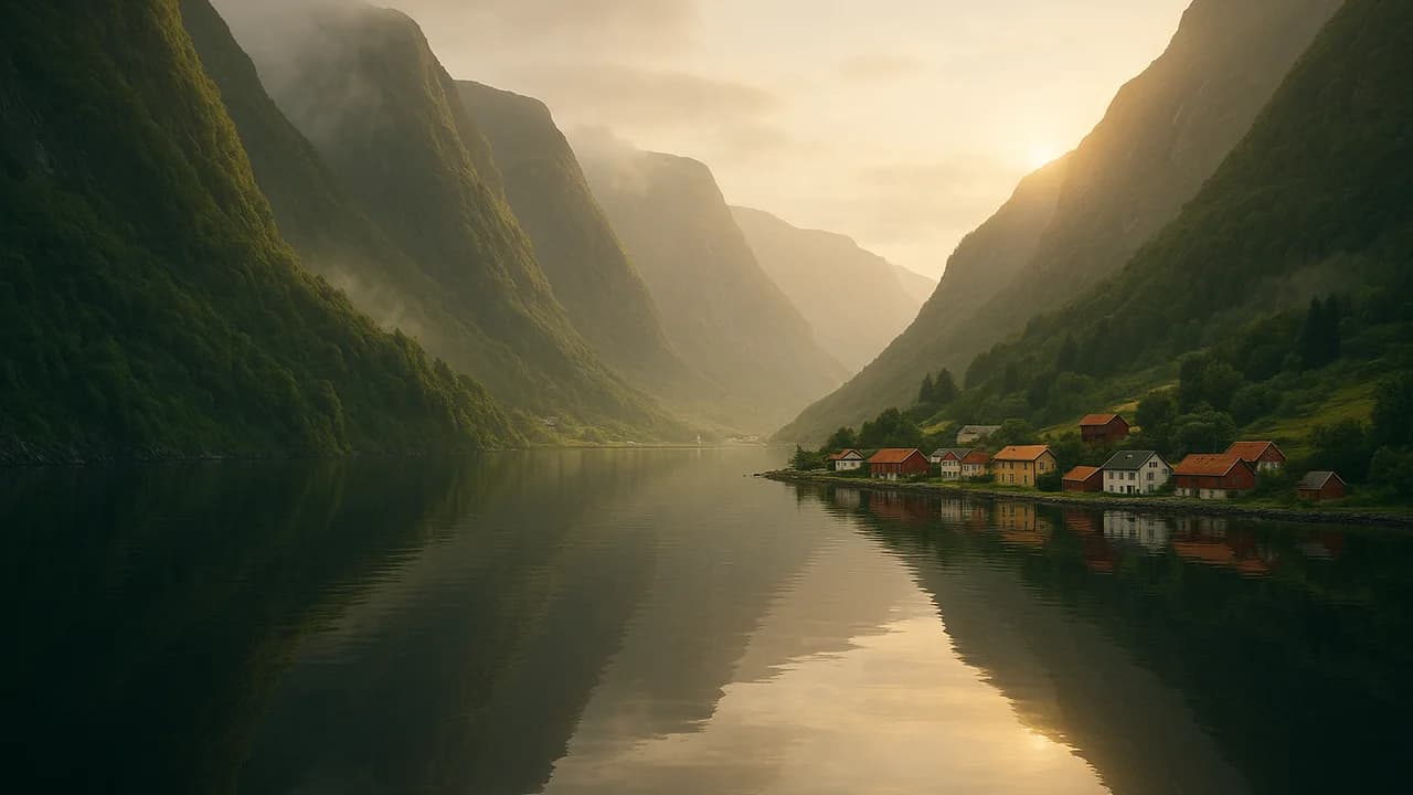 Un fiordo norvegese calmo all'ora dorata, l'acqua immobile che riflette ripide montagne verdi con un piccolo villaggio sulla riva sotto una luce morbida e nebbiosa.