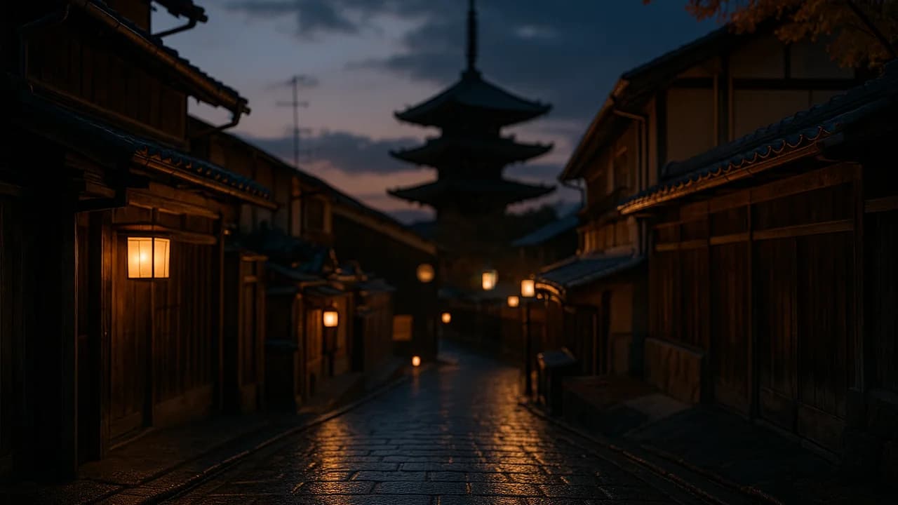 夕暮れの京都の静かな路地。木造の町家が紙提灯の暖かな光をともし、濡れた石畳が柔らかな光を映す。深い藍色の秋空を背景に、遠くに五重塔のシルエットが浮かぶ。