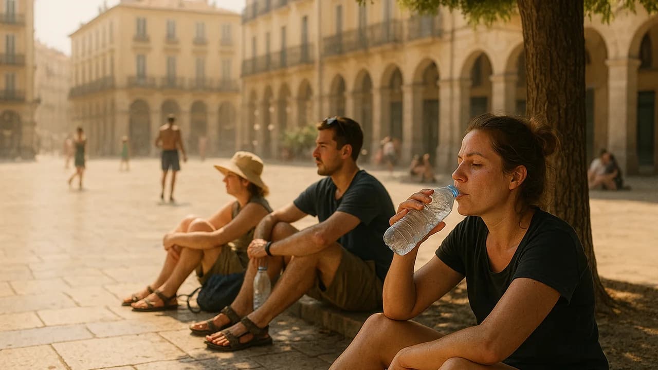A sun-baked European plaza at midday during a heatwave, with visible heat haze and travellers resting in tree shade holding water bottles