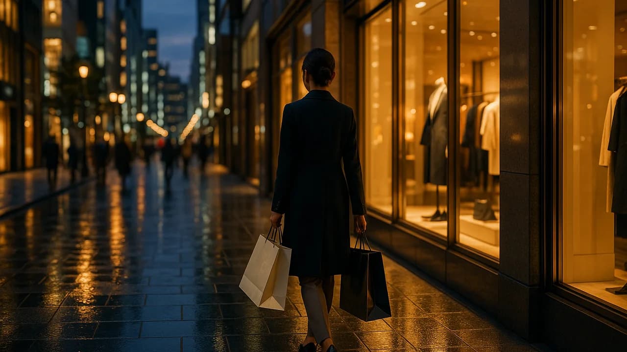 夕暮れの銀座で、紙のショッピングバッグを提げて歩く買い物客