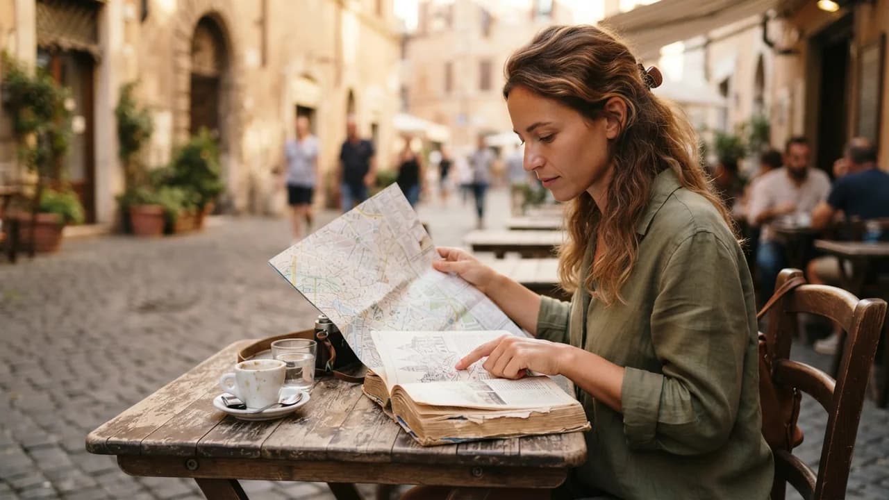 Viaggiatore a un tavolino di caffè che confronta una mappa cartacea con una guida alla luce del mattino