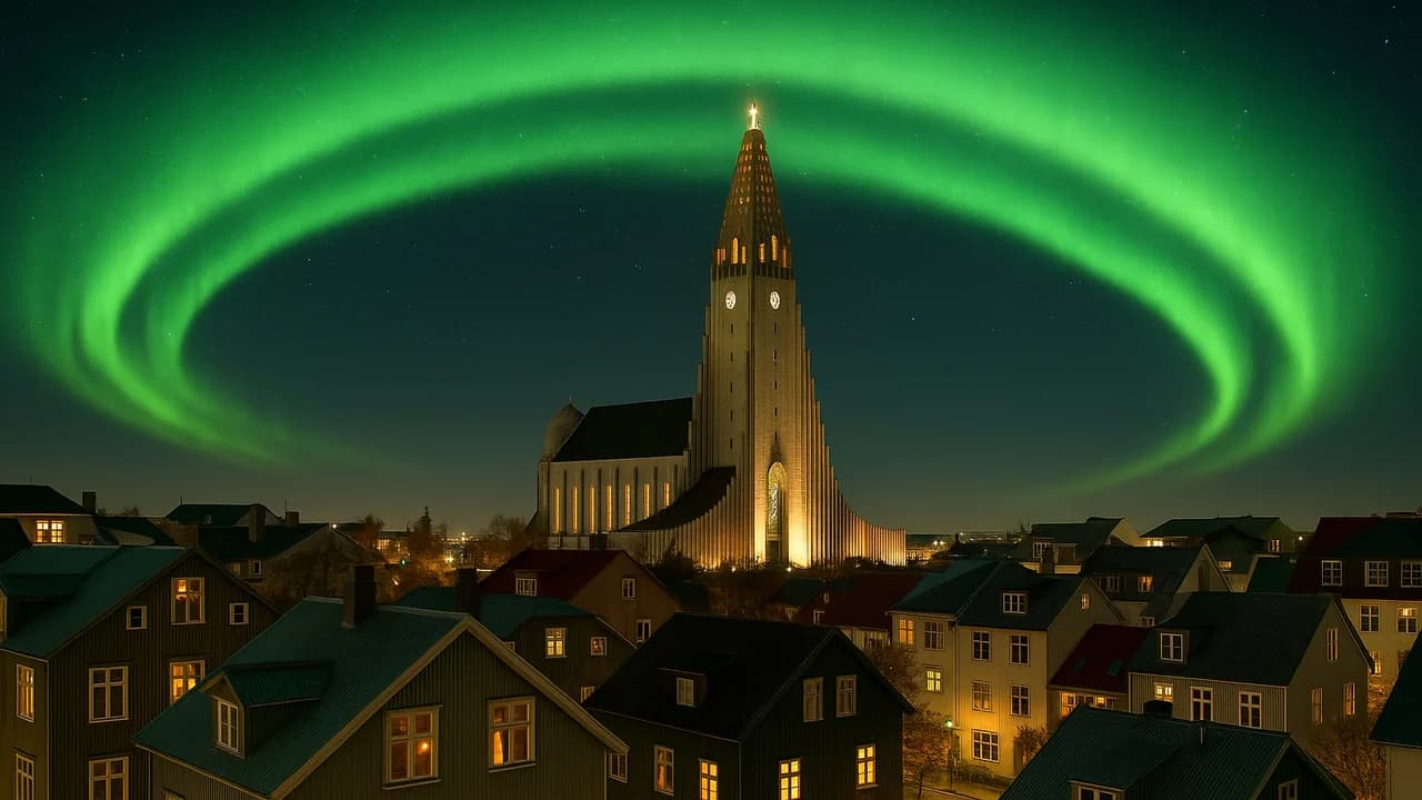 Green northern lights swirling above Hallgrimskirkja church and the rooftops of Reykjavik at night