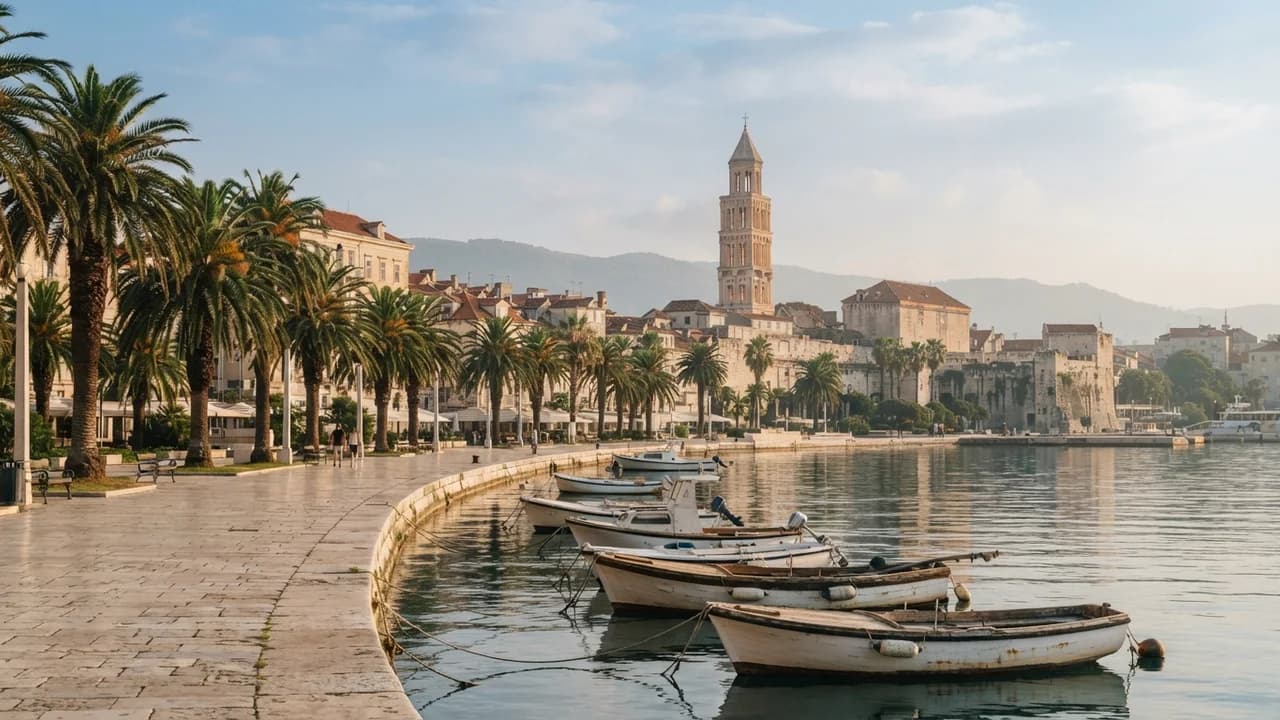 Morgenlicht auf der palmengesäumten Riva in Split, dahinter der Glockenturm des Diokletianpalasts über der Altstadt am Hafen der Adria