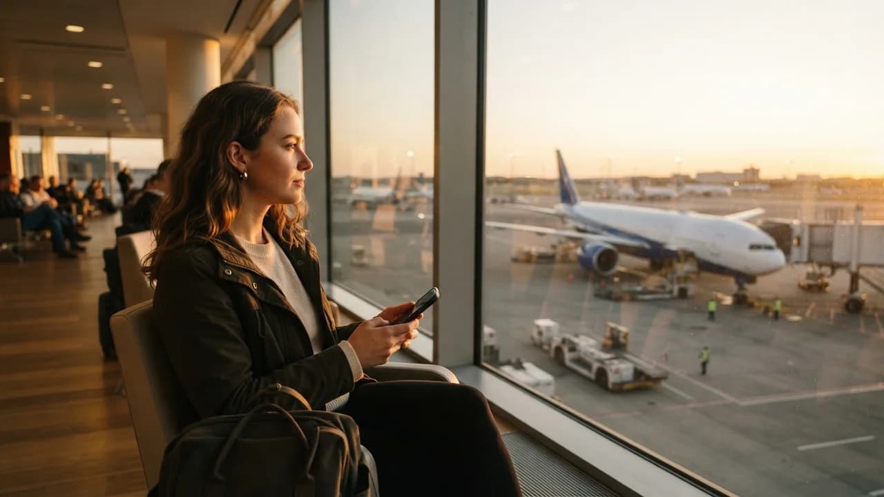 Traveler holding a phone by an airport window at sunset with a passenger jet on the tarmac outside