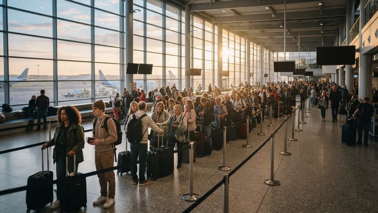 Long queue of travelers with luggage winding through a sunlit European airport arrivals hall at dawn