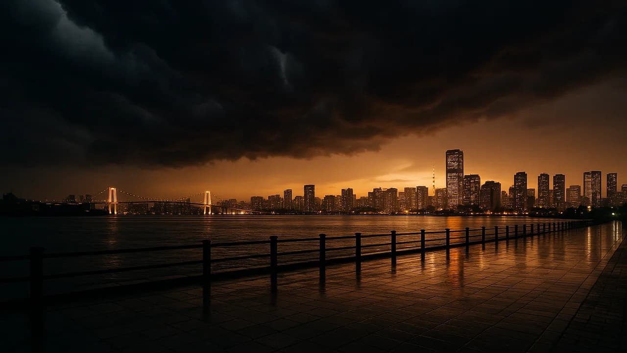 Nuvens escuras de tufão a avançar sobre o horizonte de Tóquio ao anoitecer, com as luzes da cidade a brilhar contra o temporal