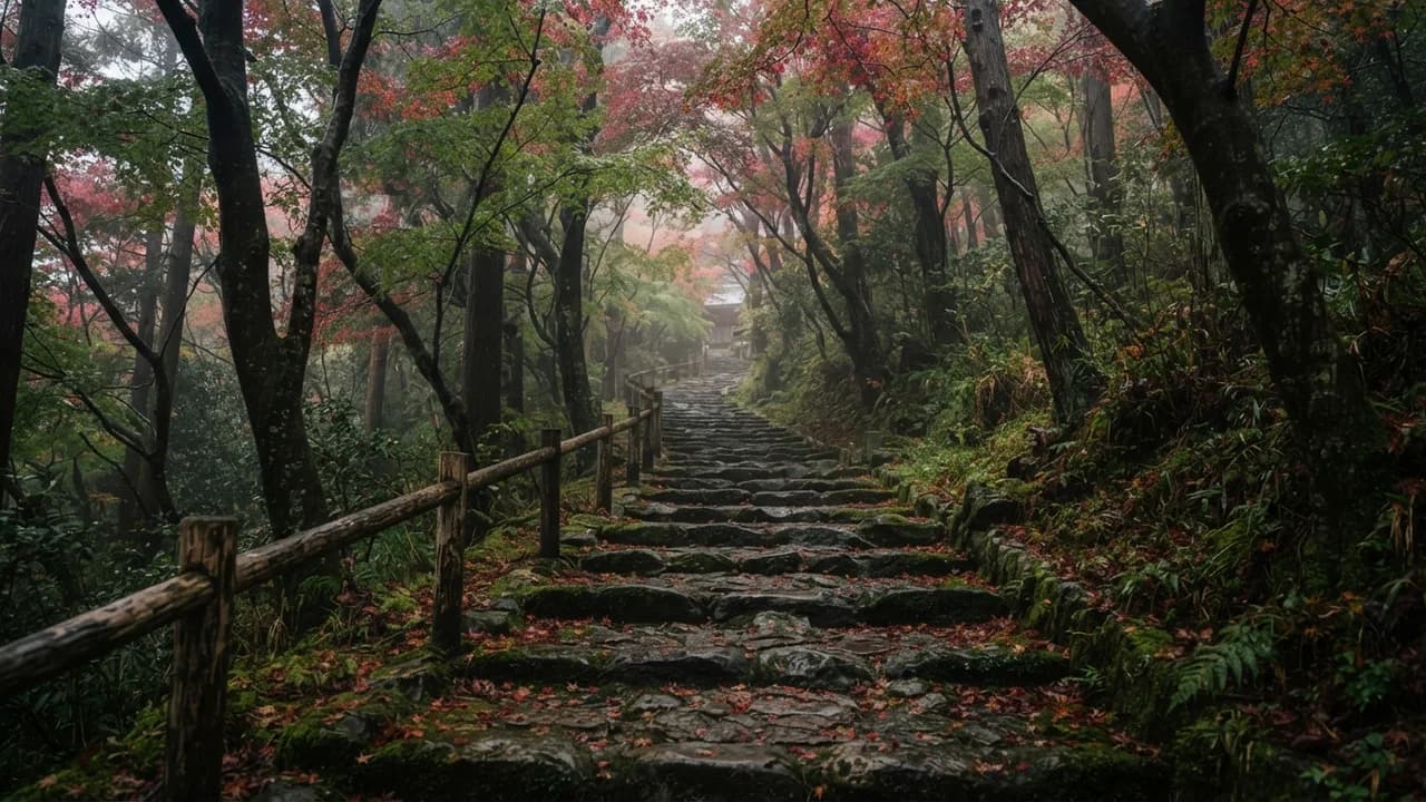 Eine moosbewachsene Steintreppe führt durch einen Hangwald mit japanischen Ahornen bei Kyoto, das Laub halb rot verfärbt, im weichen Morgennebel.