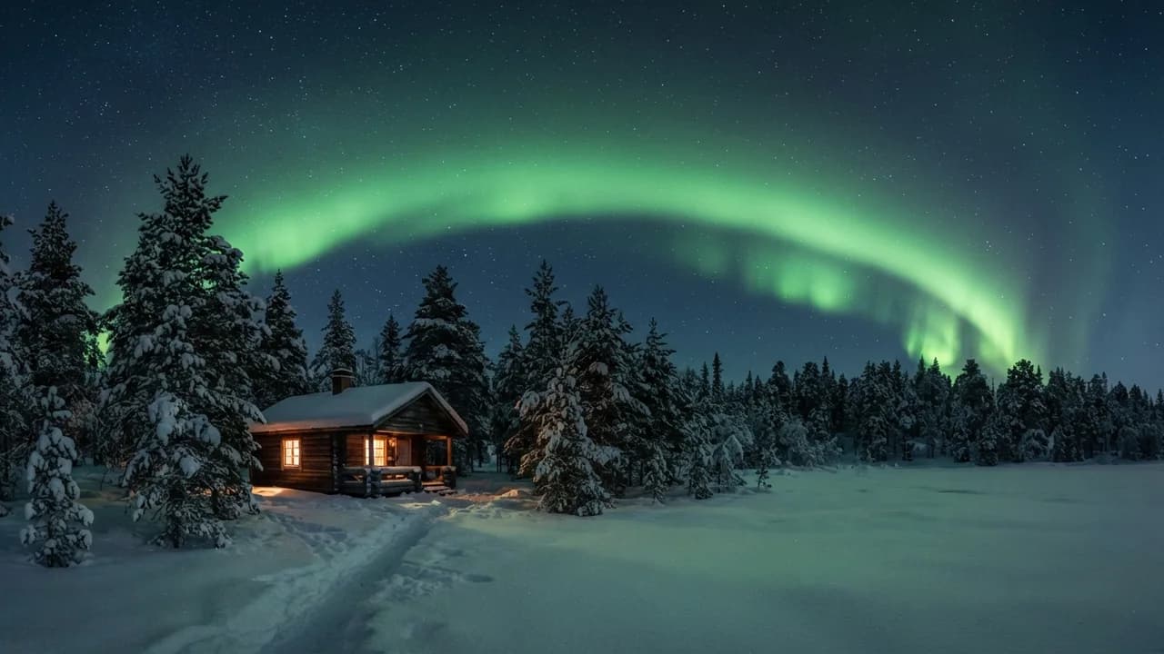 Aurora boreal verde em arco sobre uma floresta de pinheiros coberta de neve na Lapônia, com a janela de uma cabana pequena acesa em luz quente contra a noite azul e fria