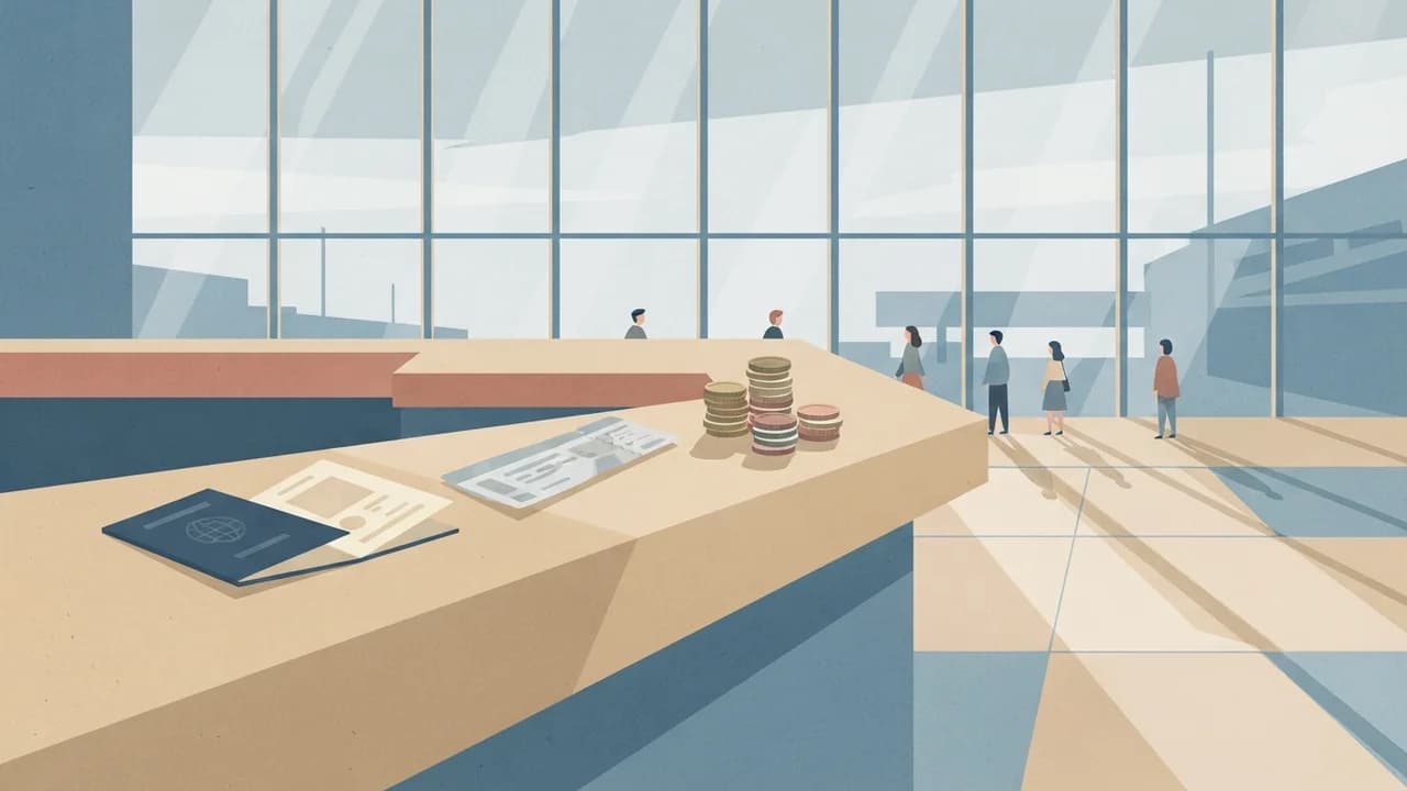 Flat editorial illustration in muted blue and terracotta tones: an open passport, a folded boarding pass and three stacks of coins on an arrivals-hall counter, with faceless travelers queueing under tall windows behind it.