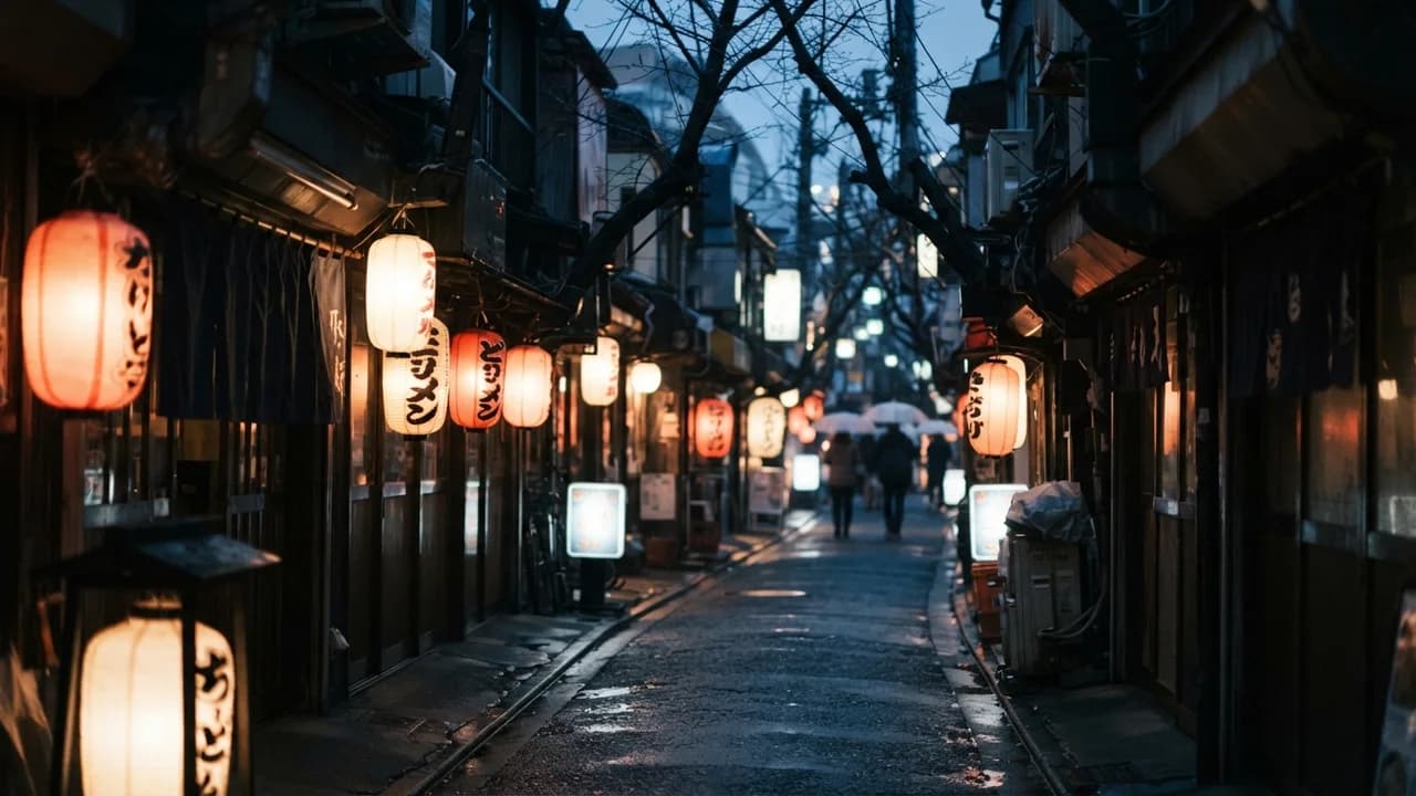 冬の夕暮れのホイアン旧市街。川沿いに並ぶ色とりどりの提灯が水面に映り、石畳を薄着の人影が歩いている。