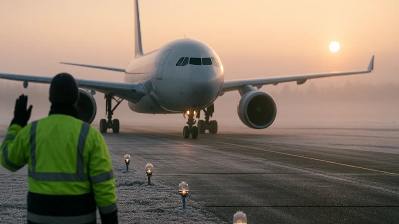 Un long-courrier roule sur un tarmac nordique saupoudré de neige à l'aube d'hiver, un placeur en gilet fluo au premier plan