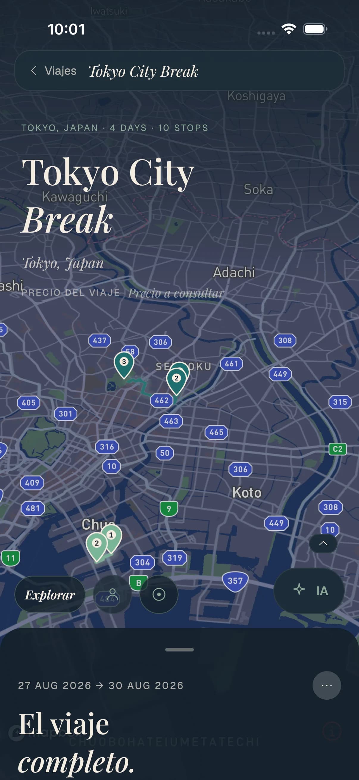 Un viaje de Travolp en un mapa en directo de Tokio, con las paradas numeradas a lo largo de la ruta del día.