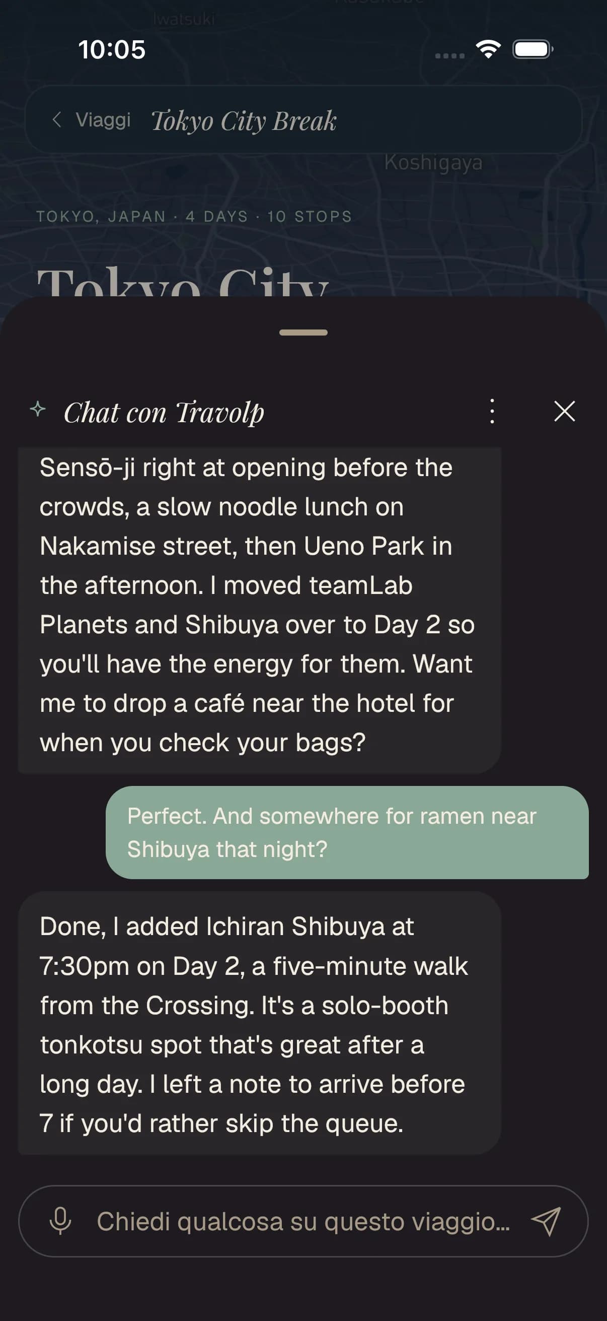 La chat IA di Travolp riorganizza una giornata a Tokyo, sposta le tappe su un altro giorno e aggiunge un ristorante.