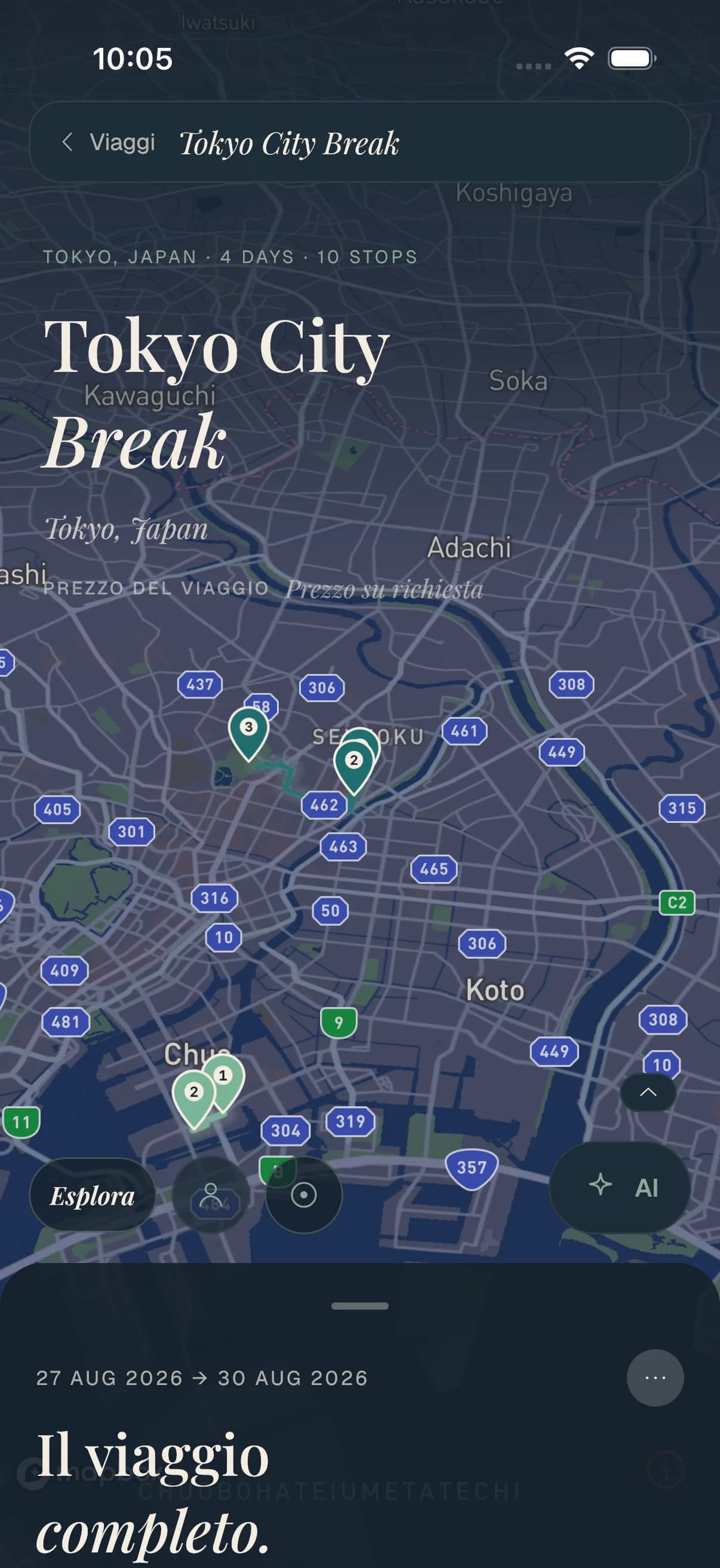 Un viaggio Travolp su una mappa interattiva di Tokyo, con le tappe numerate lungo il percorso del giorno.