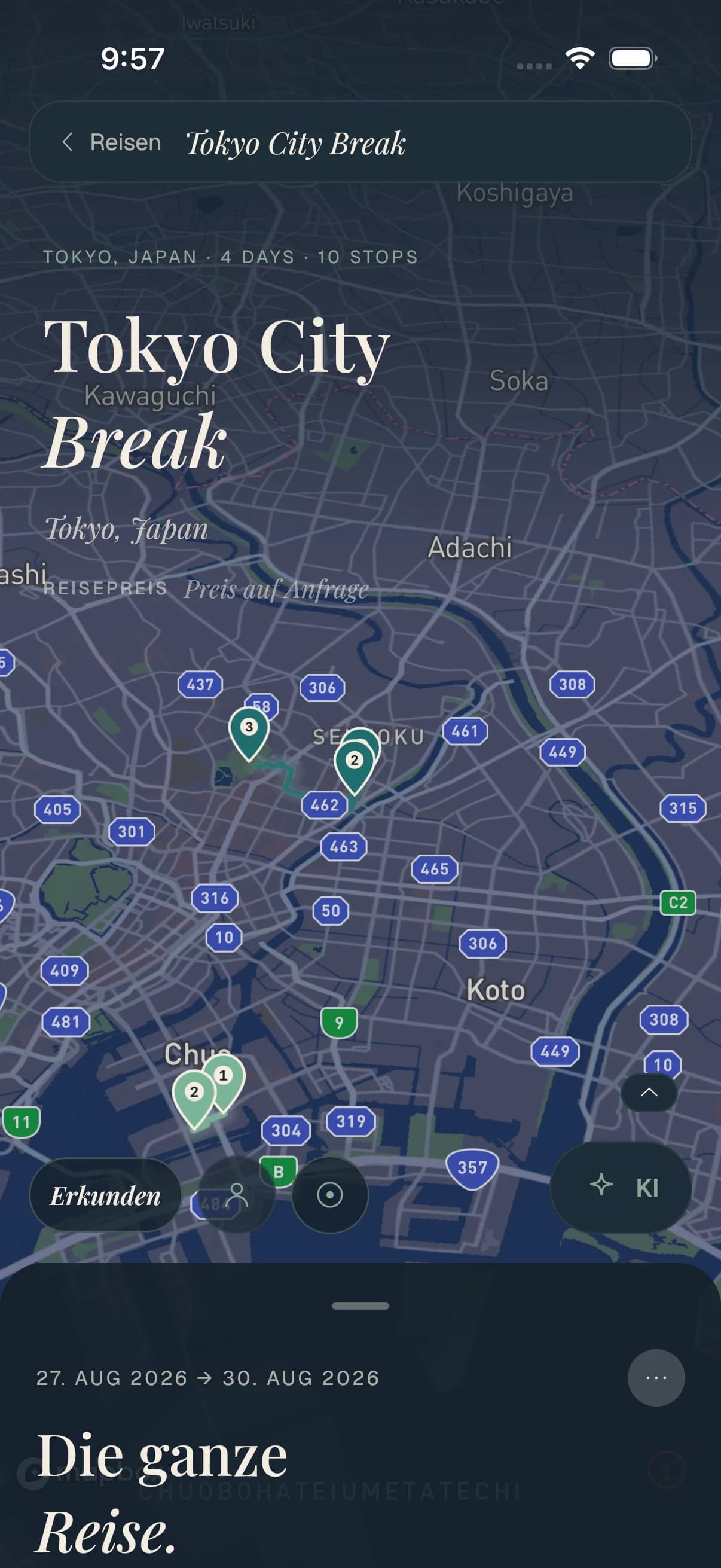 Eine Travolp-Reise auf einer Live-Karte von Tokio mit nummerierten Stopps entlang der Tagesroute.