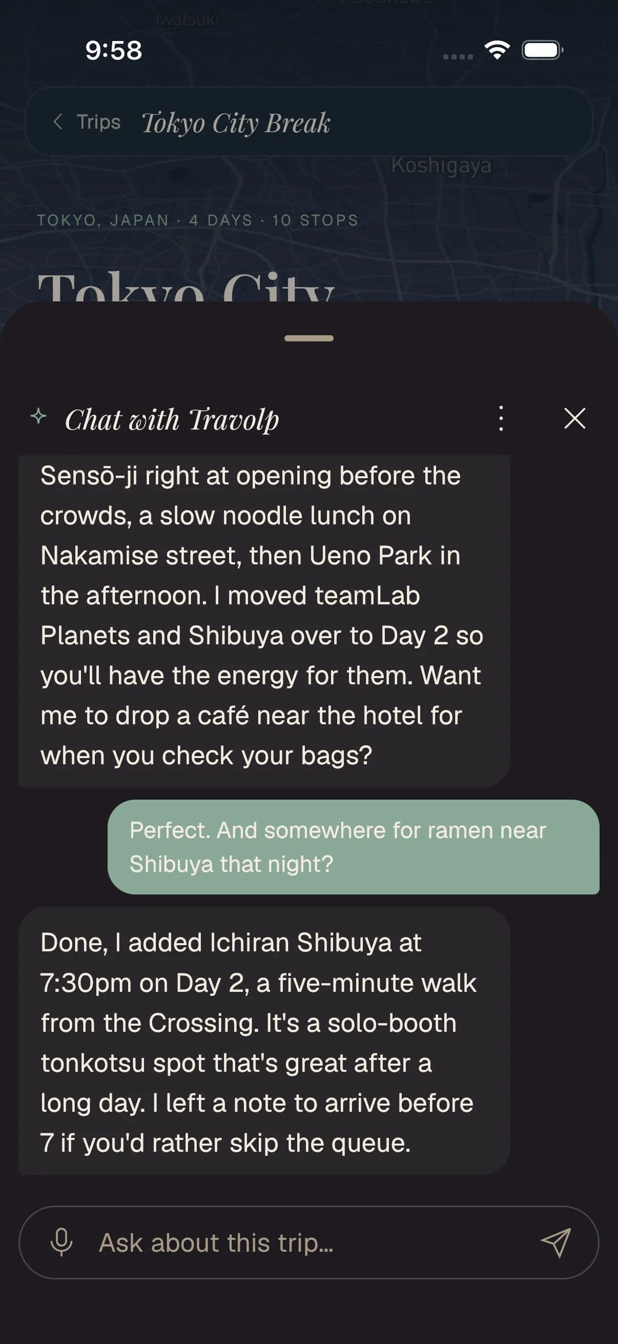 The Travolp AI chat rearranging a Tokyo day, moving stops to another day and adding a restaurant.