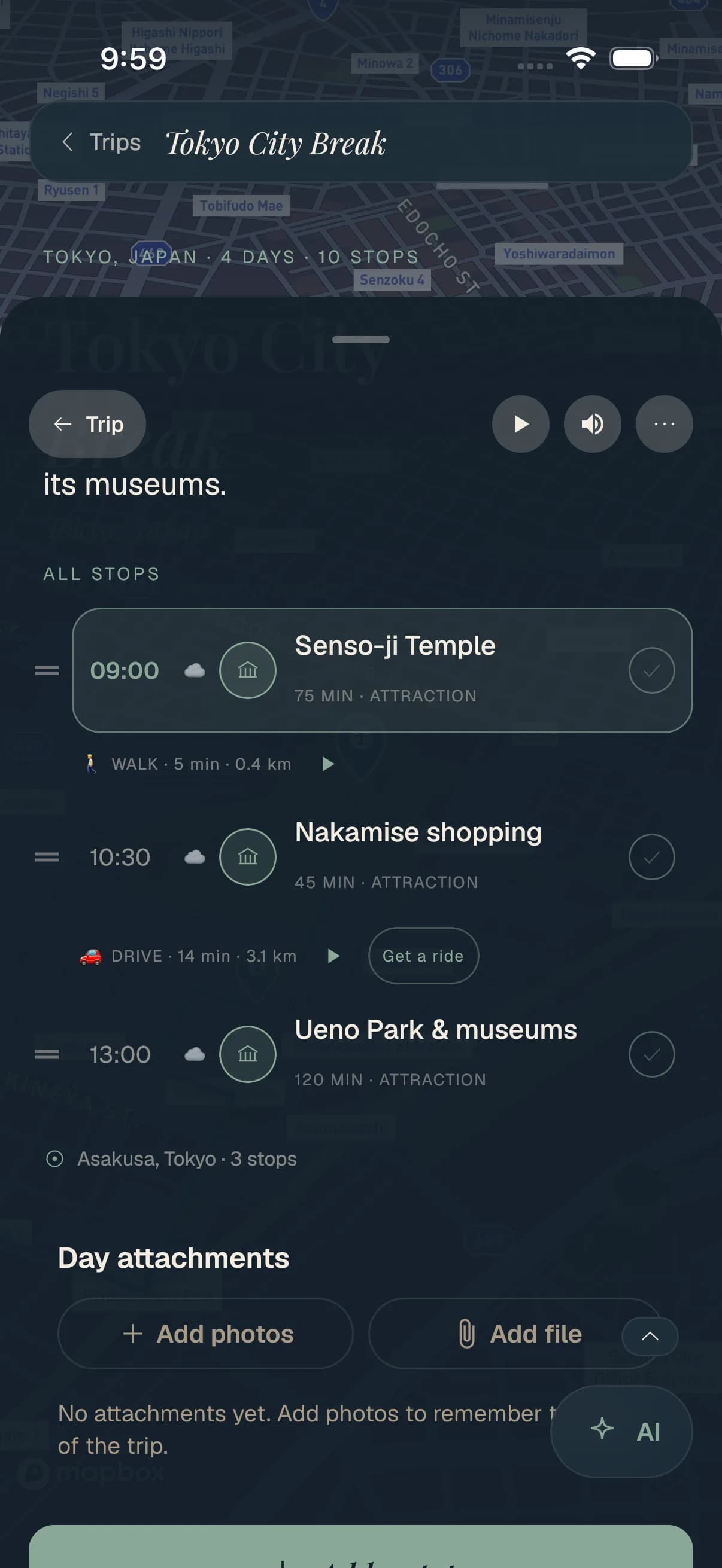 A Travolp trip broken into four named days, each with its own stops and dates.