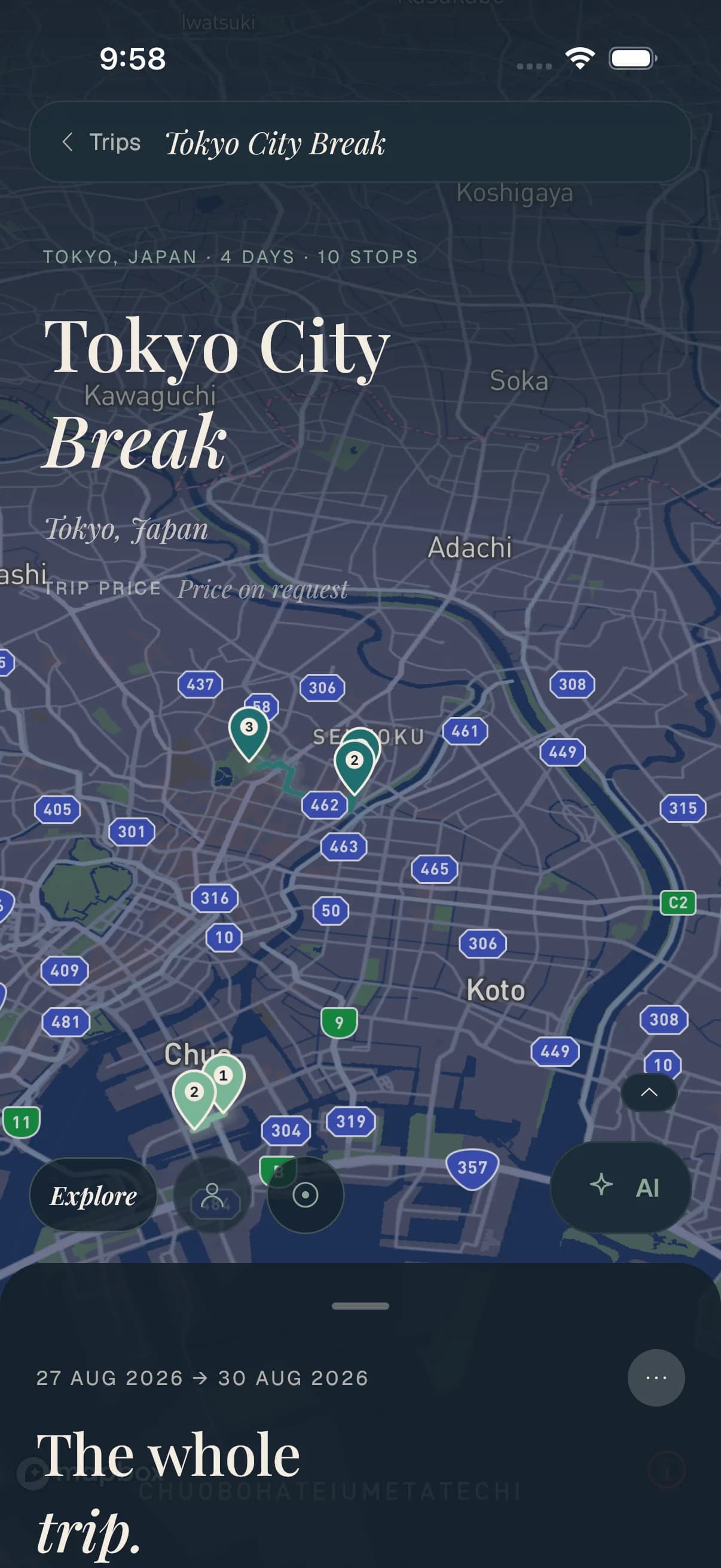 A Travolp trip on a live map of Tokyo with numbered stops along the day's route.