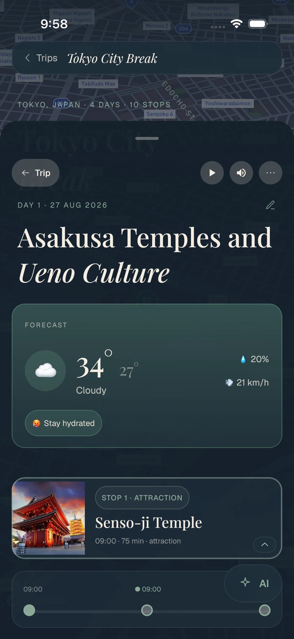 A Travolp day plan topped with a forecast card: a hot, cloudy day in Tokyo with a 'stay hydrated' advisory.