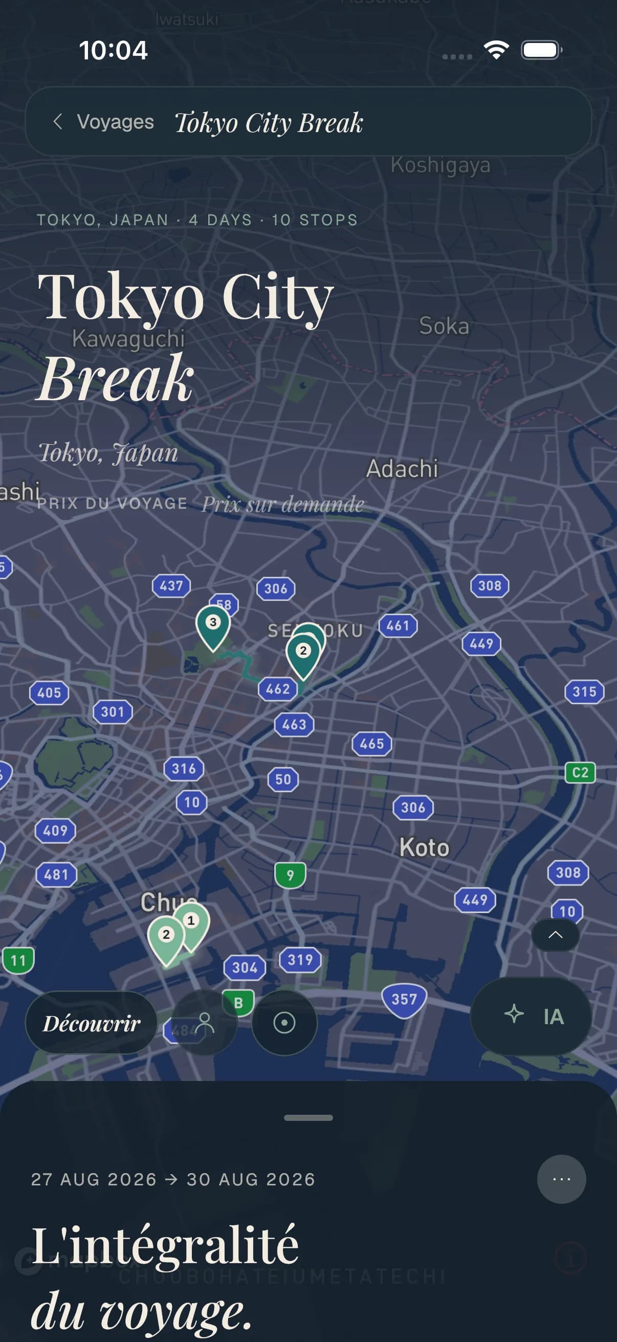 Un voyage Travolp sur une carte en direct de Tokyo, avec des étapes numérotées le long de l'itinéraire du jour.
