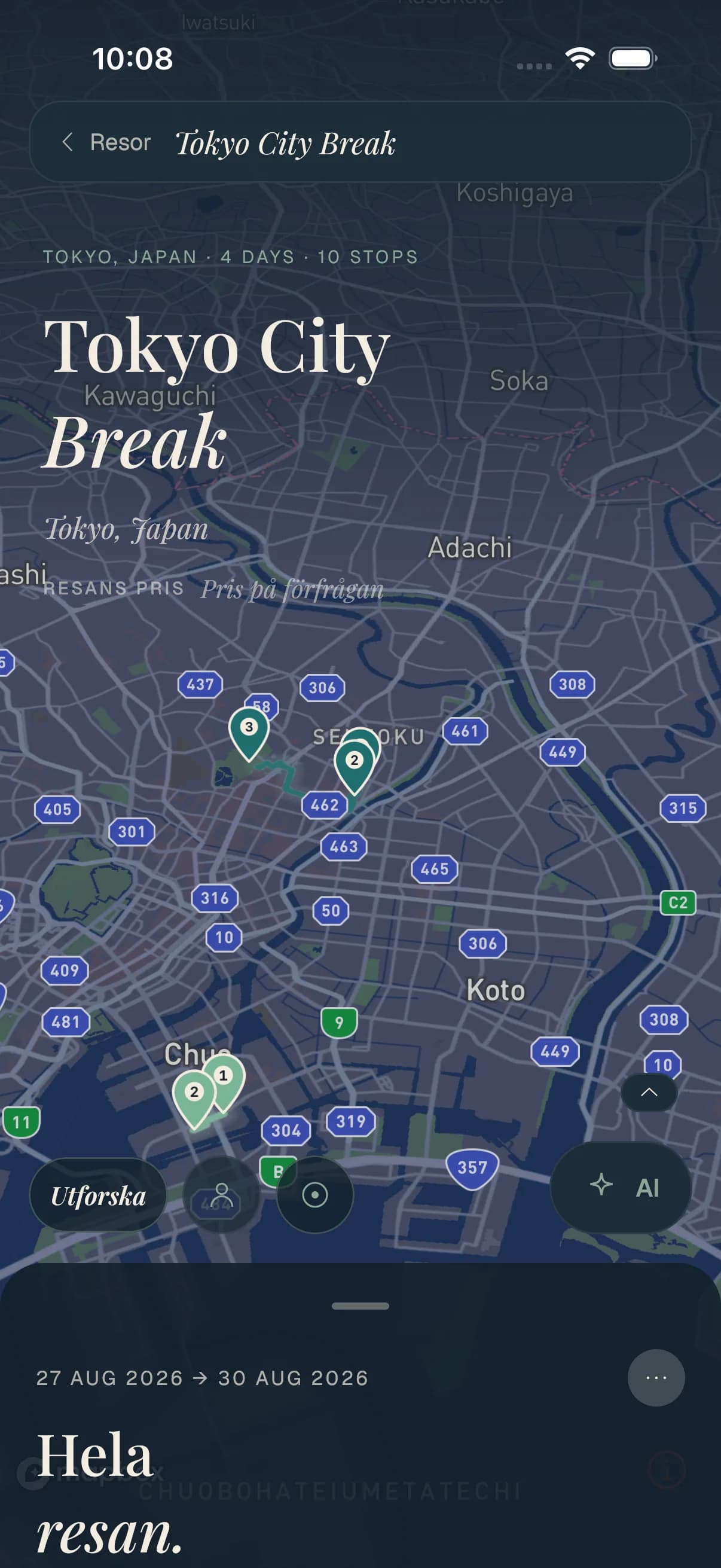 En Travolp-resa på en levande karta över Tokyo med numrerade stopp längs dagens rutt.