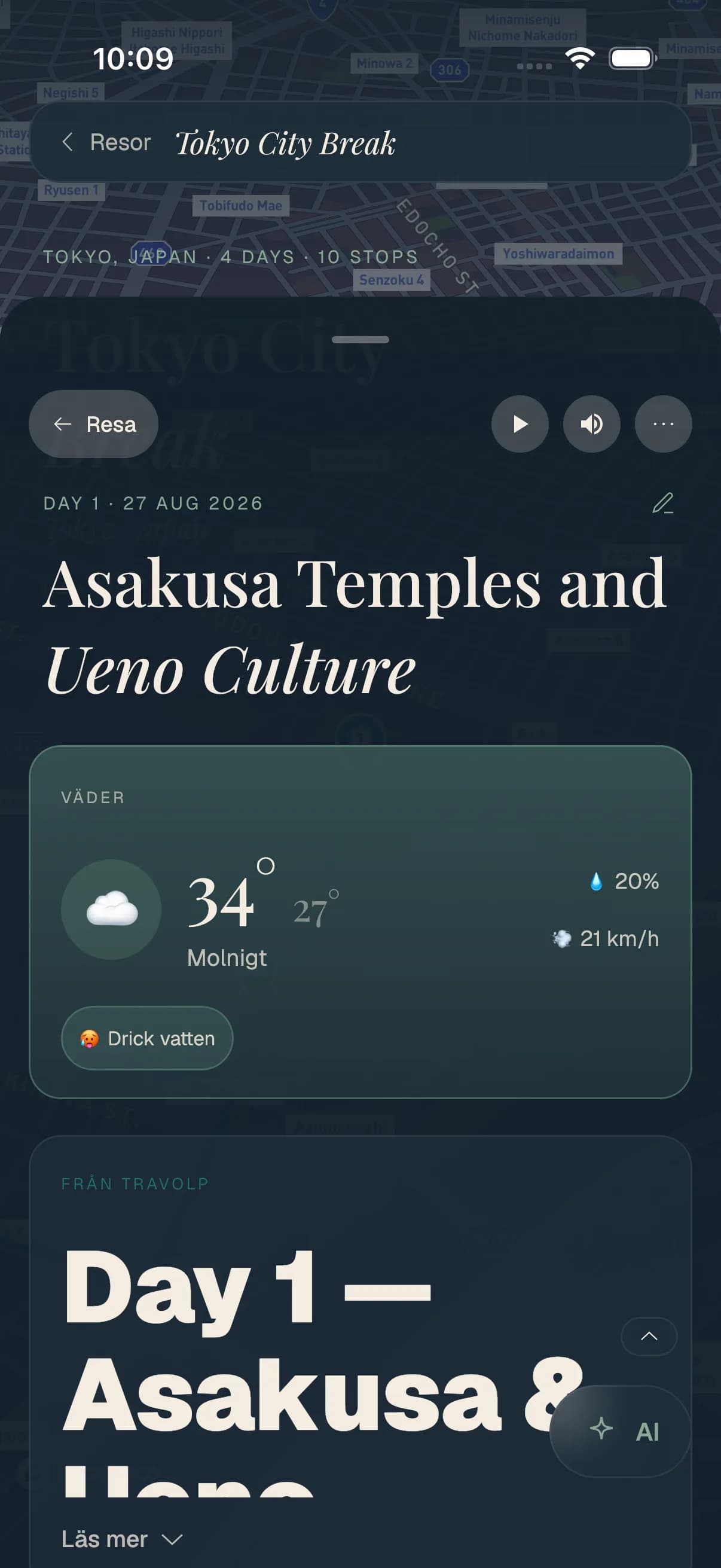 En Travolp-dagsplan med ett väderkort överst, en het och molnig dag i Tokyo med en påminnelse om att dricka vatten.