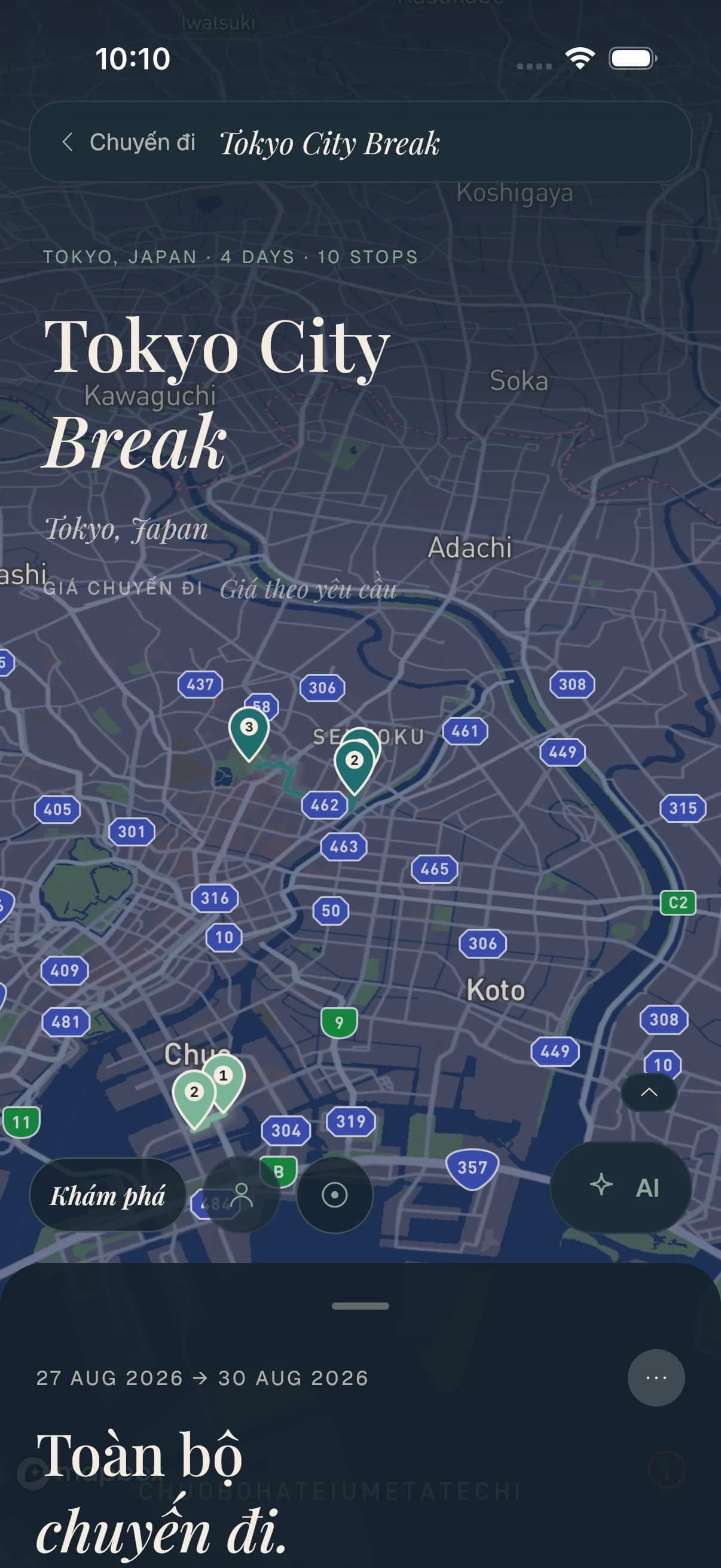 Một chuyến đi Travolp trên bản đồ Tokyo, các điểm dừng được đánh số dọc theo lộ trình trong ngày.