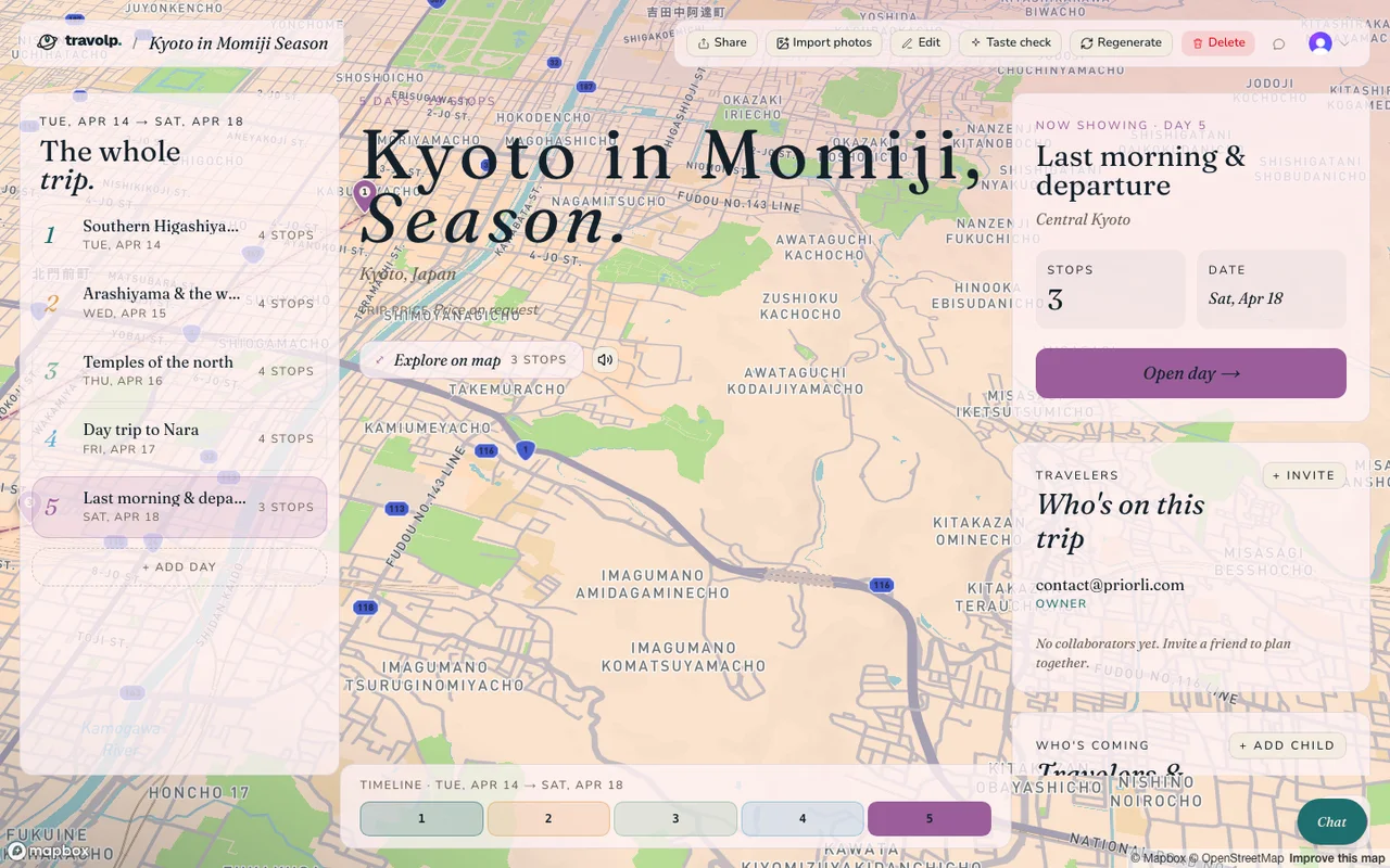 The 3-day Kyoto itinerary open in Travolp, with each day and every stop mapped across the city.